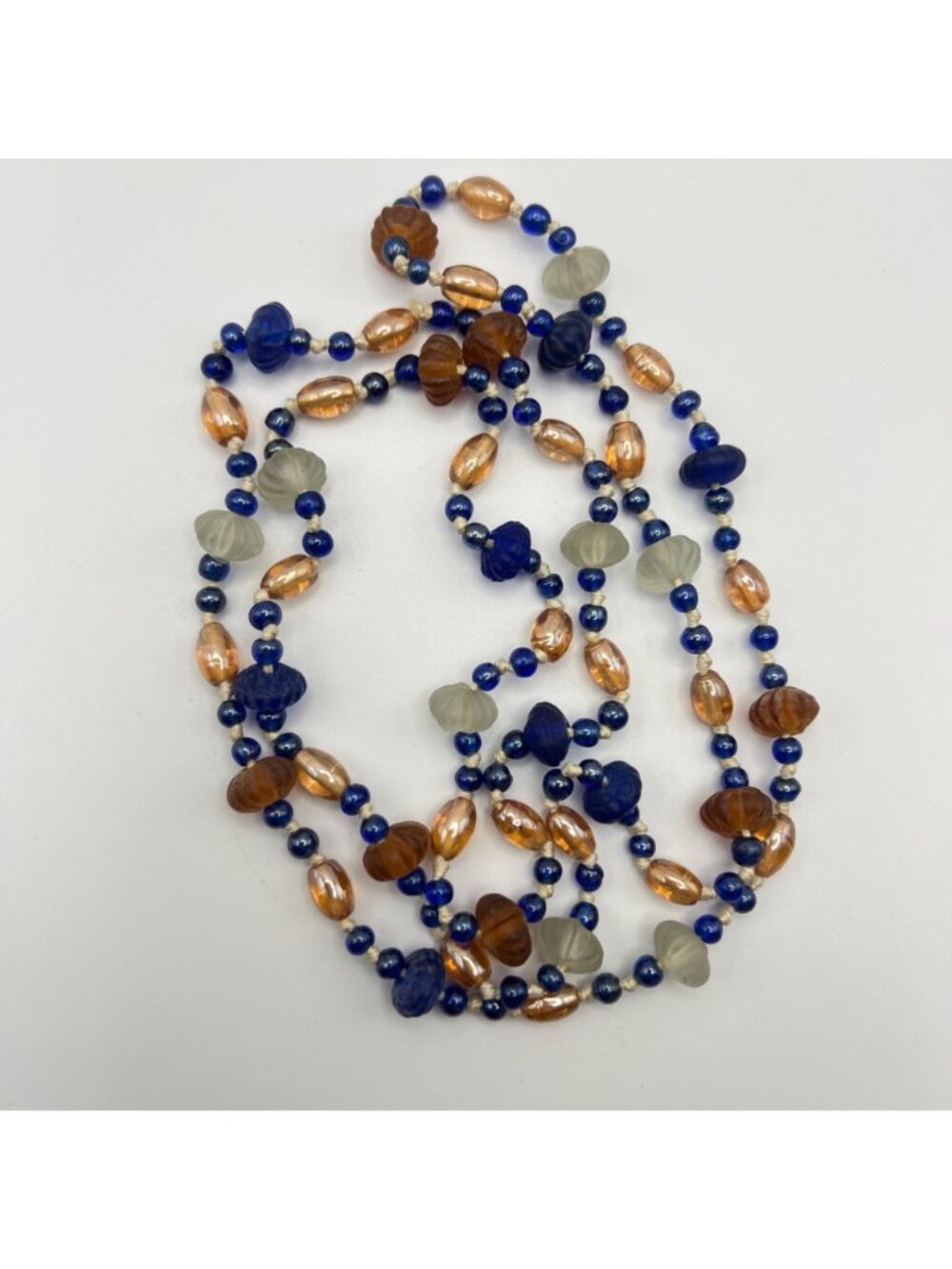 Vintage Hand Knotted Glass Bead Necklace 36" Cobalt Blue Amber Frosted White - Picture 2 of 8